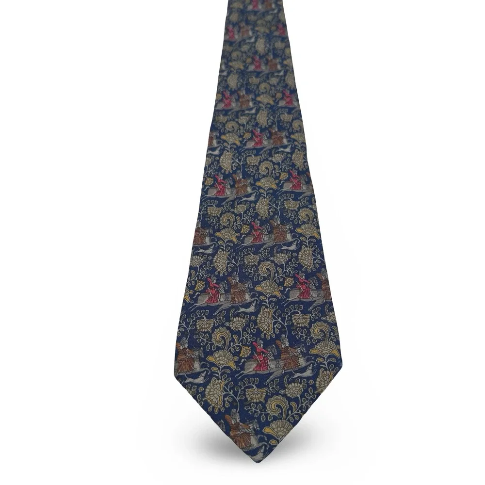 Salvatore Ferragamo Silk Tie Navy Blue Equestrian Hunt Scene Made in Italy 3x58